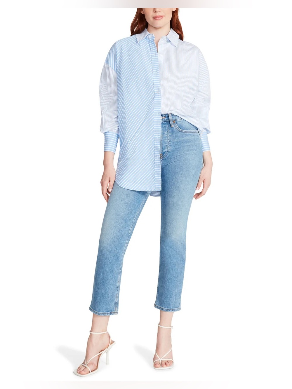 Steve Madden Poppy Blue Striped Mixed-Pattern Button-Down Shirt